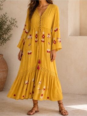 Frock & Frill ModCloth Yellow Embroidered Boho Maxi Dress Size 10